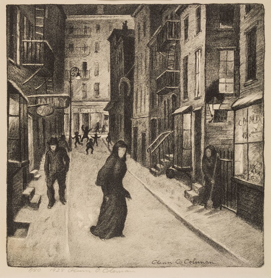 A black-and-white print of a city street lined with tall buildings and different people walking, playing, and sweeping.