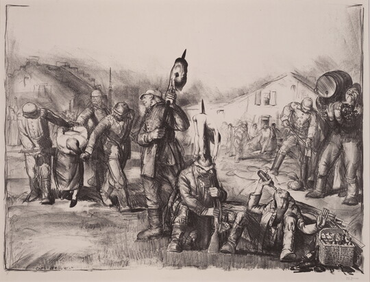 A black-and-white print of uniformed soldiers dragging a prisoner by the hair, and other soldiers, some with bodies speared on bayonets, eating and drinking.