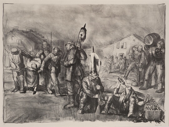 A black-and-white print of uniformed soldiers dragging a prisoner by the hair, and other soldiers, some with bodies speared on bayonets, eating and drinking.