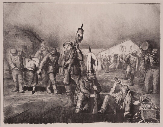 A black-and-white print of uniformed soldiers dragging a prisoner by the hair, and other soldiers, some with bodies speared on bayonets, eating and drinking.