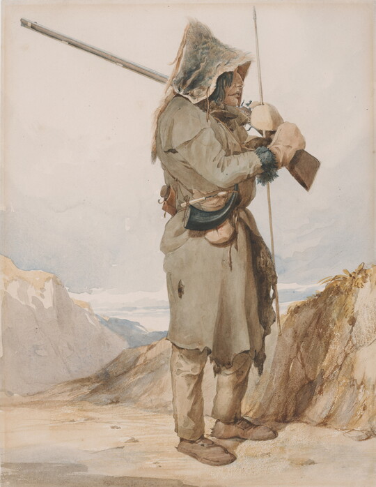 A watercolor of an Indigenous man dressed in animal skins and carrying a rifle.