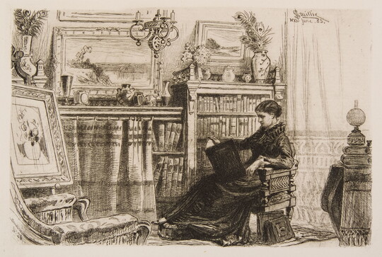 A black-and-white print of a young White woman seated in a home library reading a book.