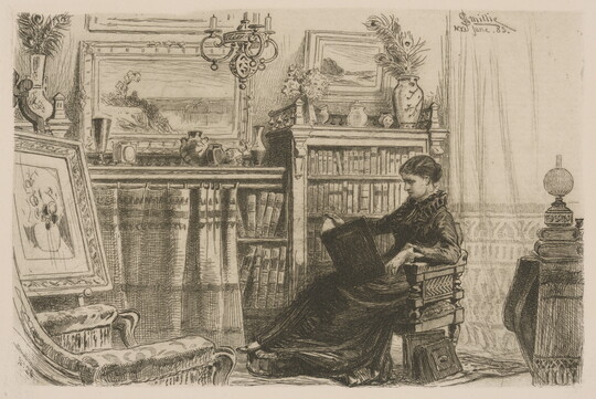 A black-and-white print of a young White woman seated in a home library reading a book.