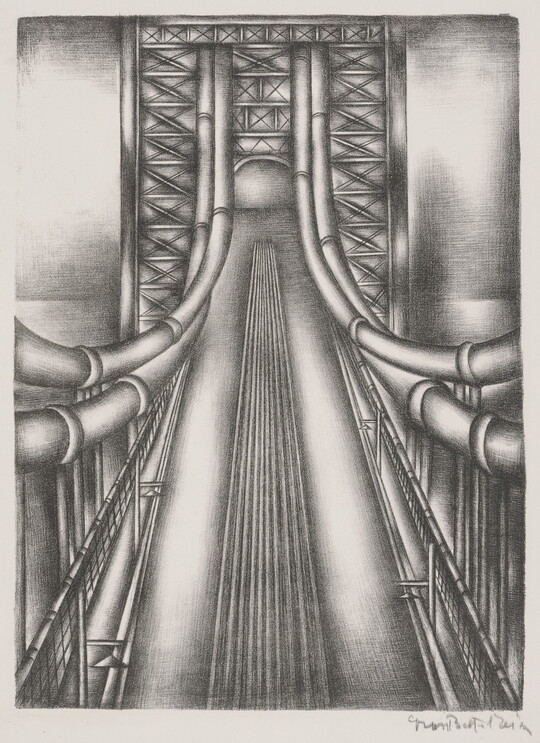 A black-and-white print of a suspension bridge from above looking at the cables to the tower.