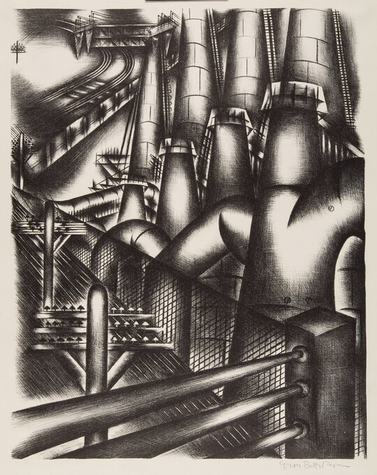 An abstract black-and-white print of industrial buildings and pipes with railroads and power lines in the distance.