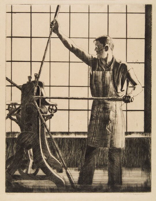 A black-and-white print of a White man working a printing press in front of large muntin window.