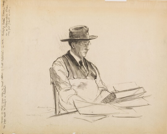 A black-and-white print of a White man wearing a wide-brimmed hat, glasses, vest and tie, writing at a desk.
