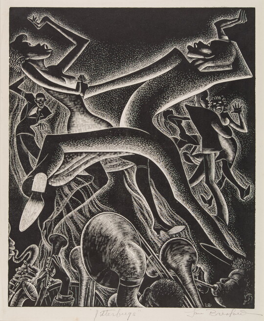 An abstract black-and-white print of Black men and women in suits and dresses dancing above people playing brass and woodwind instruments.