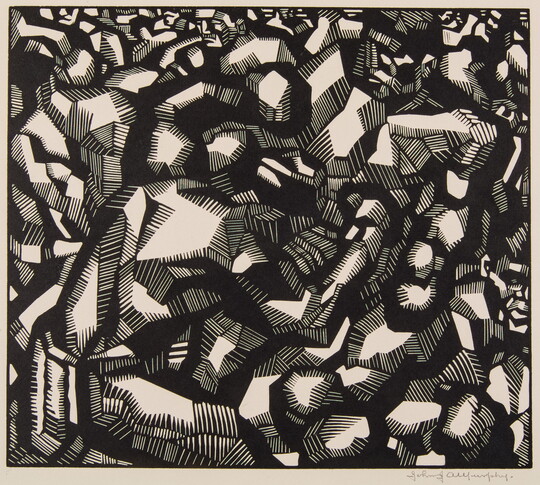 An abstract black-and-white print of graphic, tubular shapes that intertwine and snake together to resemble boxers.