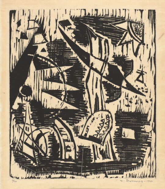 An abstract black-and-white print of overlapping organic shapes that resemble leaves, stems, and bark.