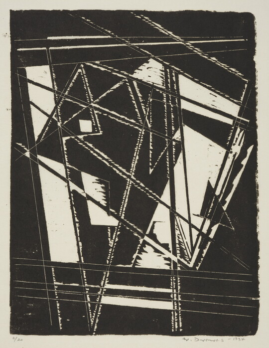 An abstract black-and-white print of prominent, angular black shapes and lines creating bold rectangles, triangles and negative spaces.