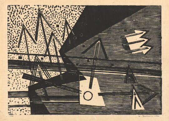 An abstract black-and-white print of black zig-zag shapes with varying textures and black arrows pointing in all directions.