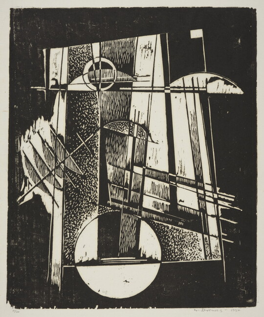 An abstract black-and-white print with various rectangles, lines, and circles all intersecting.