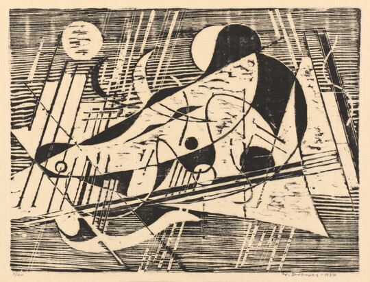 An abstract black-and-white print with various straight and curved lines, filled-in shapes, on a textured wood-like background.