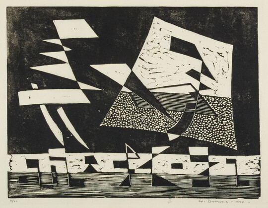 An abstract black-and-white print with several large rectangular and triangular forms above a row of smaller rectangular and triangular forms.
