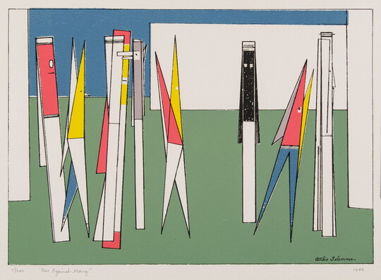 An abstract color print of a group of geometric shapes that resemble pens in pink, yellow, blue, and white, one black and white, and one all white.