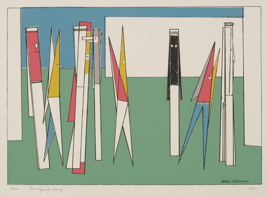 An abstract color print of a group of geometric shapes that resemble pens in pink, yellow, blue, and white, one black and white, and one all white.