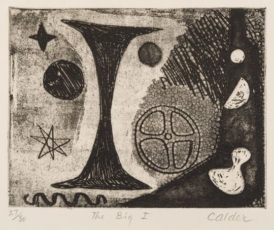 An abstract black-and-white print of a variety of organic shapes including an hourglass, stars, circles, a gear, squiggles, and other forms.