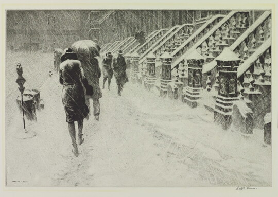 A black-and-white print of people walking along a city street during a snowstorm.