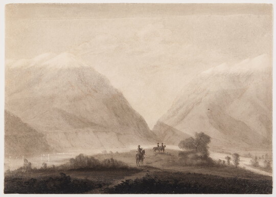 A black-and-white ink drawing of three people on horses moving through a field in front of two large mountains.