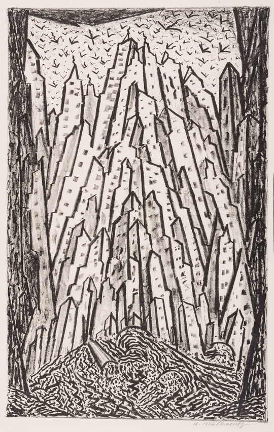 An abstract black-and-white print of outlined skyscrapers stacked side-by-side that reach to the sky, as seen from the ground.