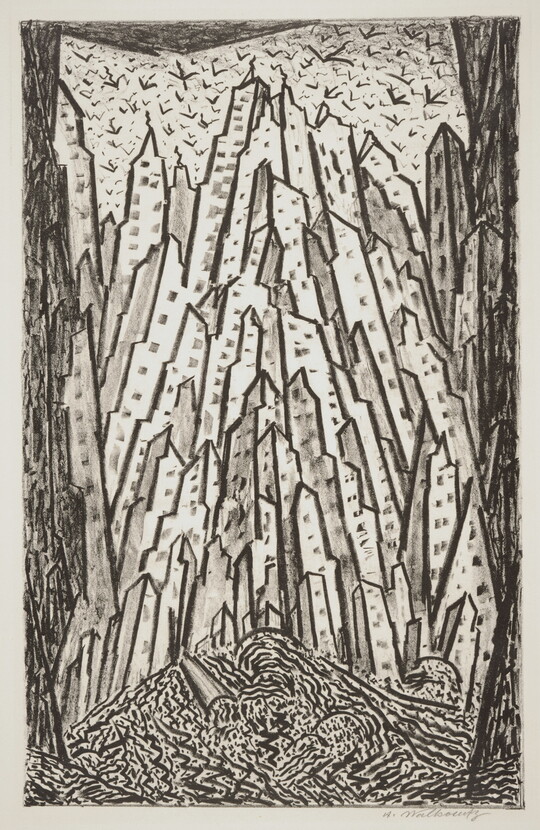 An abstract black-and-white print of outlined skyscrapers stacked side-by-side that reach to the sky, as seen from the ground.