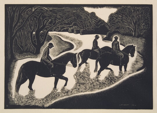 A black-and-white print of three men on horses traveling through a stream surrounded by dense trees.