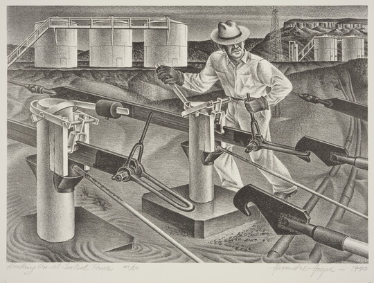 A black-and-white print of a man maneuvering machinery with large storage tanks in the background.