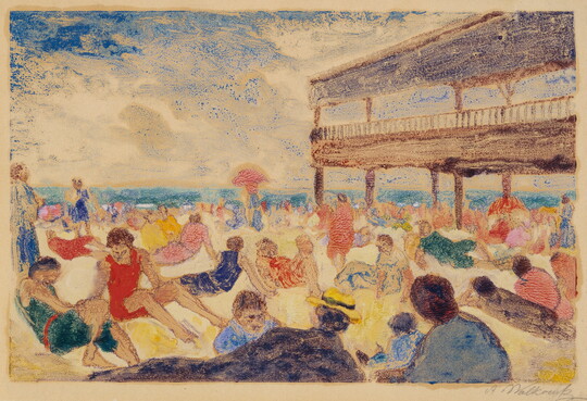 A color print of a crowded beach filled with many White people in colorful clothes near a boardwalk, all under a cloudy sky.