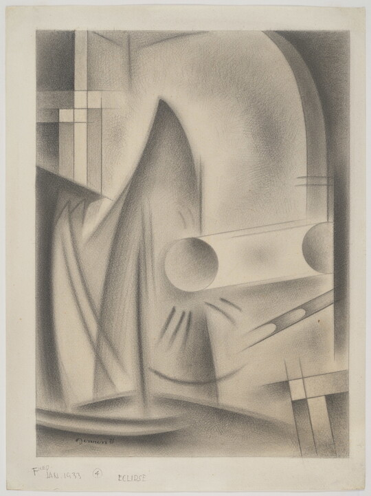 An abstract black-and-white drawing of various geometric and organic shapes, including two circles that are lined up horizontally.