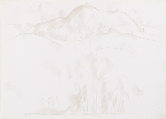 A drawing in tan on white paper of hills, tree-like forms, and shadows.