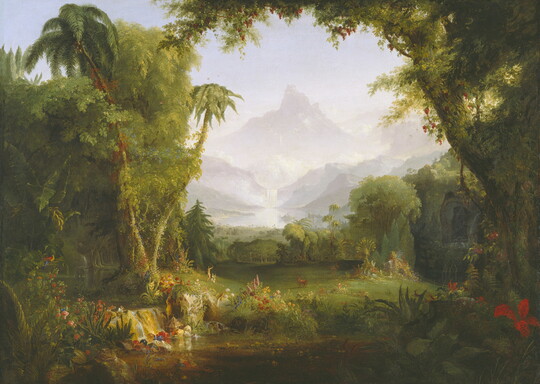 A lush, green landscape painting with two small, nude figures marveling at nature.