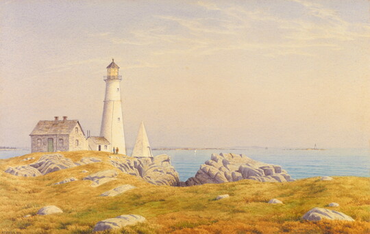 A landscape watercolor of a lighthouse on a rocky coast overlooking the sea.
