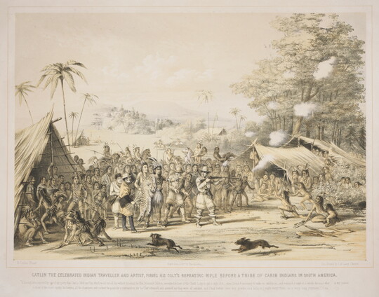 A color print of several White men and a group of Native American men surrounding a White man pointing a rifle at Indigenous women and children.