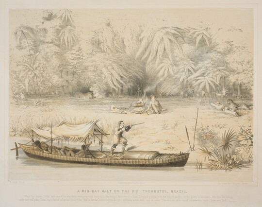 A color print of a White man standing on a boat in a river pointing a rifle at a leopard that has attacked a person on the riverbank; a White man roasting a pig over a fire watches as another leopard lurks in the trees.