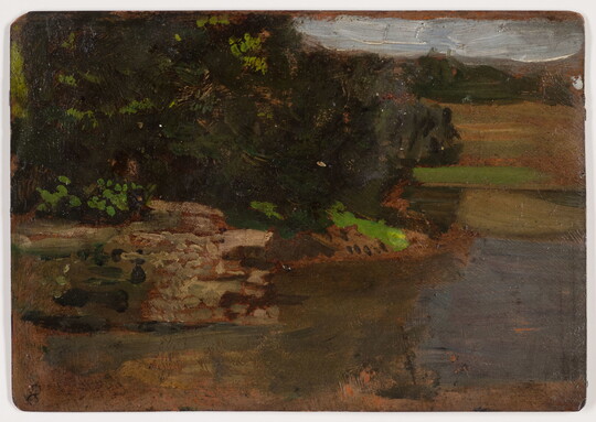 An oil painting study of rocks jutting into the water in a lush landscape.