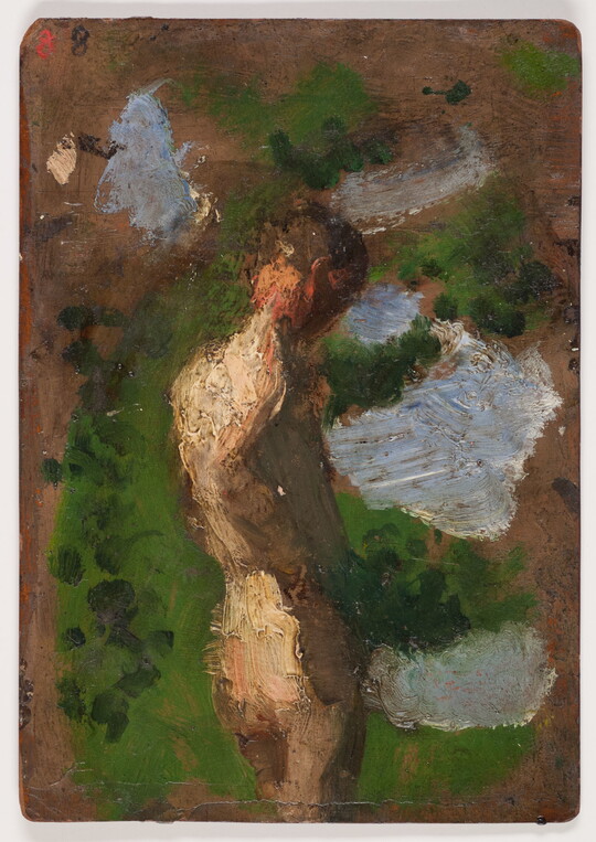 An oil painting study of a White male nude figure seen from behind standing against a green and blue background.