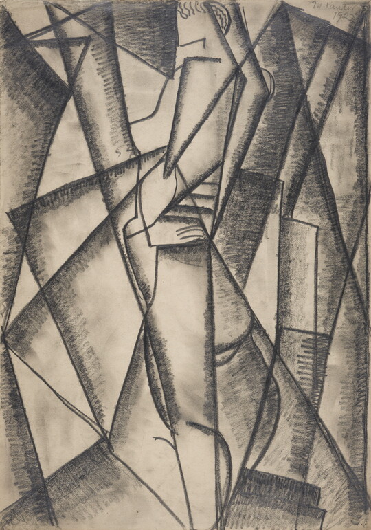 An abstract black-and-white drawing of a nude woman in profile partially composed from the bold, vertically-oriented rectangular and triangular shapes that surround her.