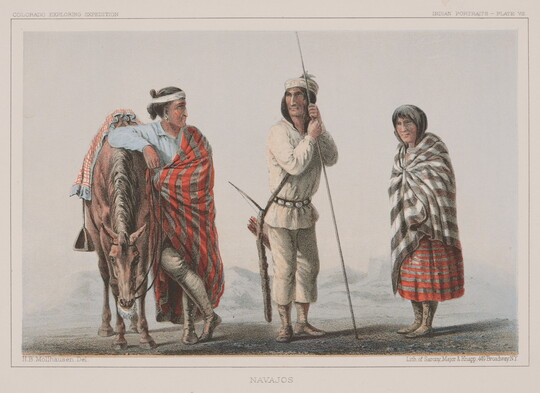 A color print of three Indigenous people standing next to a horse.