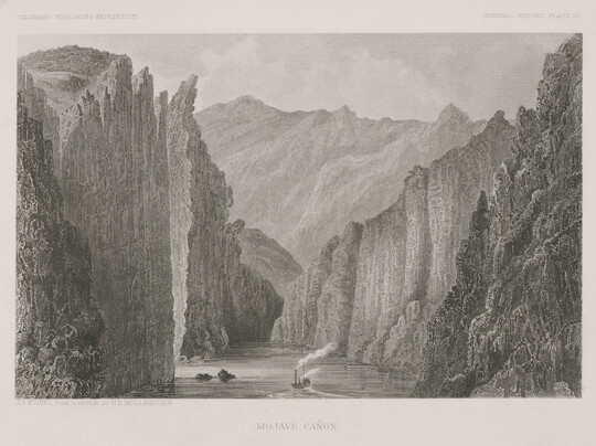 A black-and-white print of a steamboat moving down a river surrounded by tall cliffs and large rock formations.