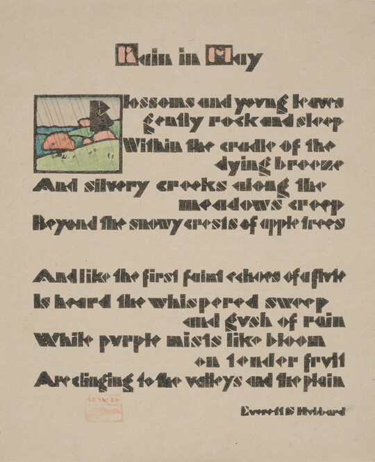 A color print of a poem printed in blocky, brown text with a small illustration of a rainy landscape in the upper left corner.