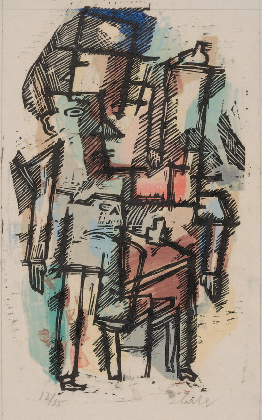 A color print of abstracted men suggested by hints of legs, hands, and faces.
