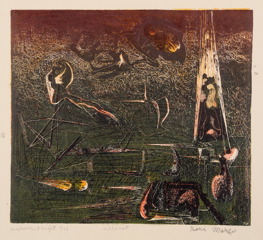 An abstract color print of muted green, red, and beige lines and forms.