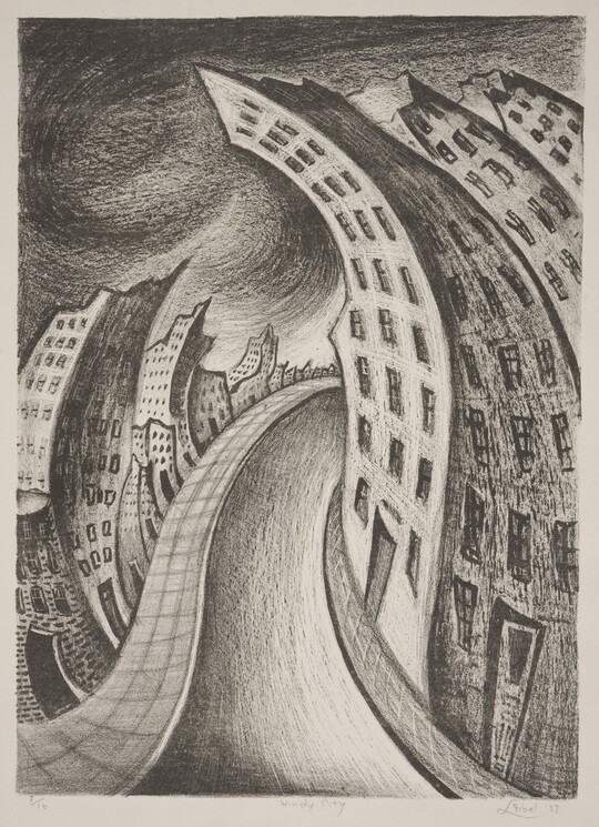 A black-and-white print of a distorted cityscape that includes skyscrapers and a road going through the middle.