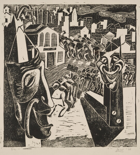 A busy black-and-white print of smiling theater masks hanging on posts and a long line of people marching with picket signs toward a city in the background.