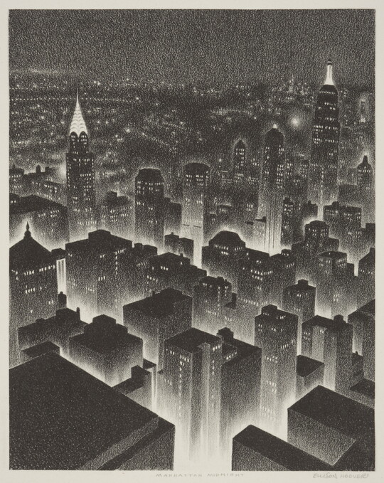 A black-and-white geometric print of a bird's eye view of a New York City at night.