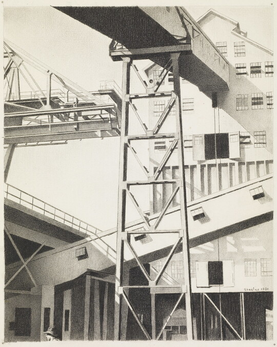 A black-and-white drawing of a multi-story, industrial building with chutes and ramps.