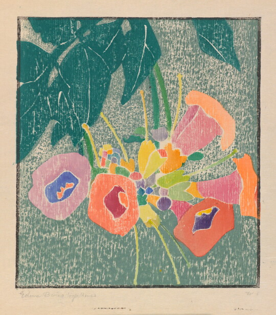 A color print of very brightly colored flowers next to green leaves against a speckled green background.