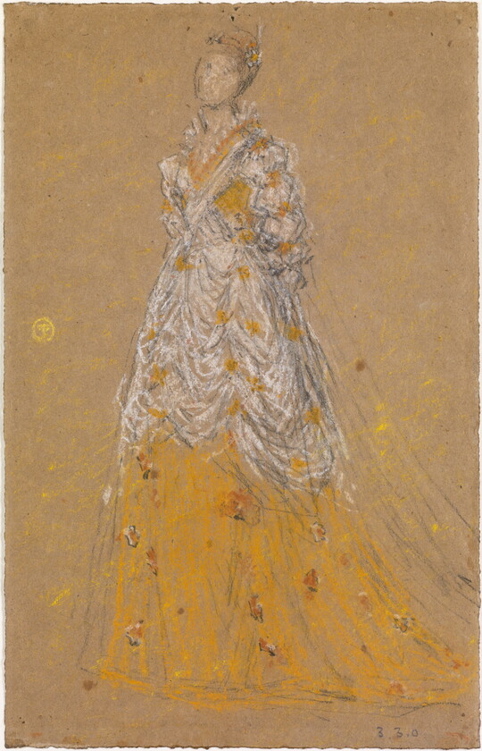 A pastel drawing of a woman with her hands behind her back wearing a flowing white and yellow gown.