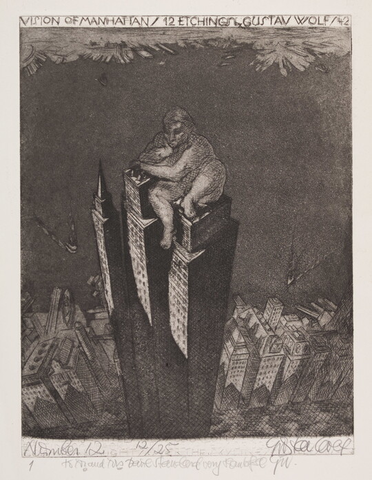 A black-and-white print of three skyscrapers towering over the rest of skyline with a larger-than-life nude person sitting on top of the skyscrapers.